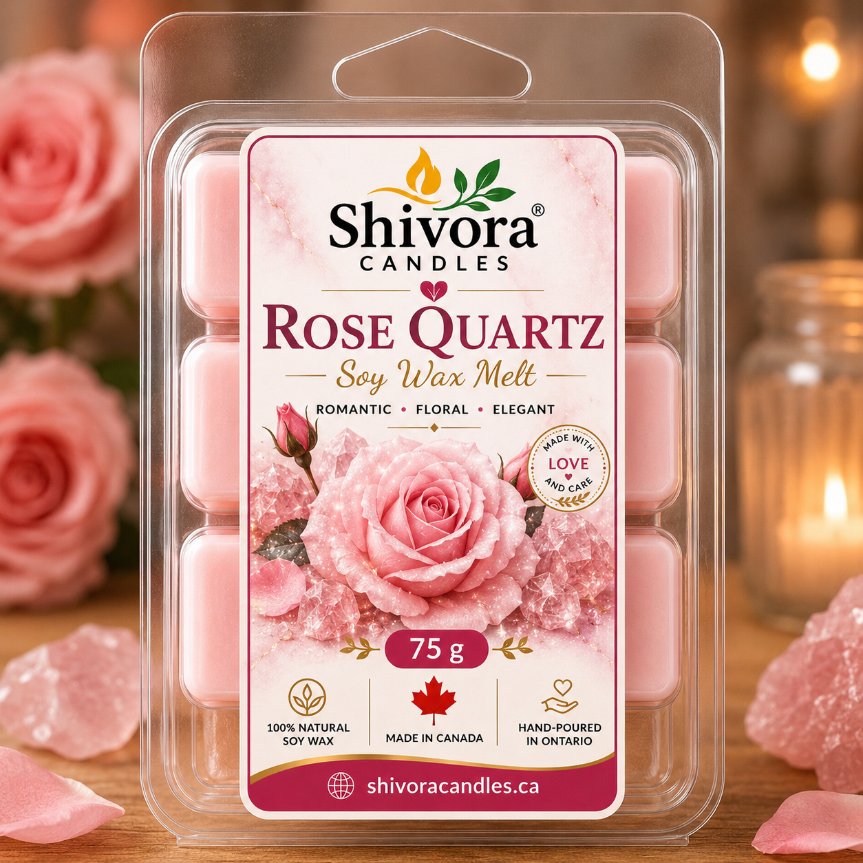 Rose Quartz soy wax melt 75 g hand-poured in Canada by Shivora Candles